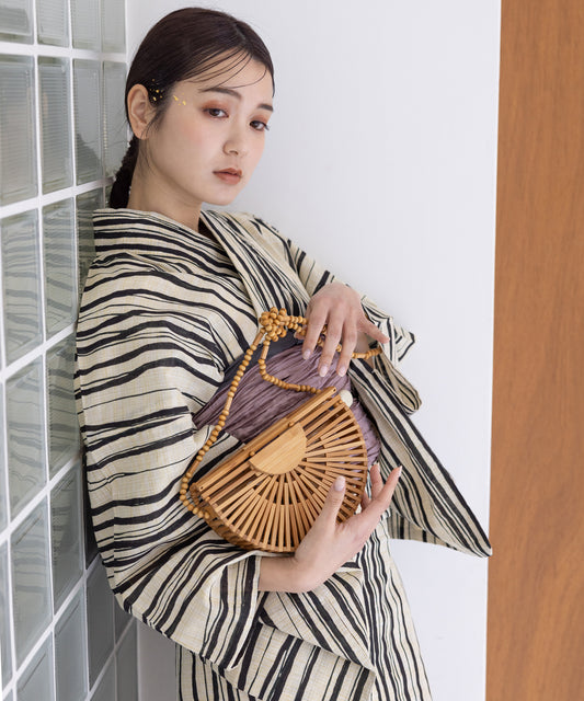 こだわり浴衣5点セット (浴衣/帯/下駄/腰紐/着付け冊子) 麻混 綿麻 先染め 生成 ブラック ストライプ 縦縞 縞 よろけ