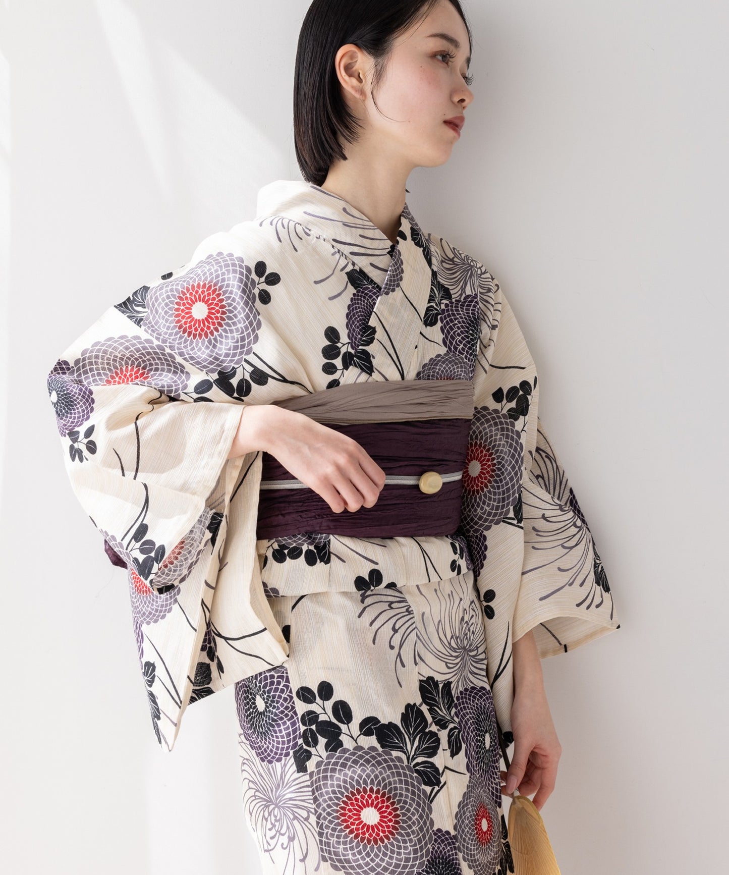 こだわり 浴衣 5点セット (浴衣/帯/下駄/腰紐/着付け冊子) ※プリーツ兵児帯は別売り 麻混 綿麻 ブラック パープル 菊