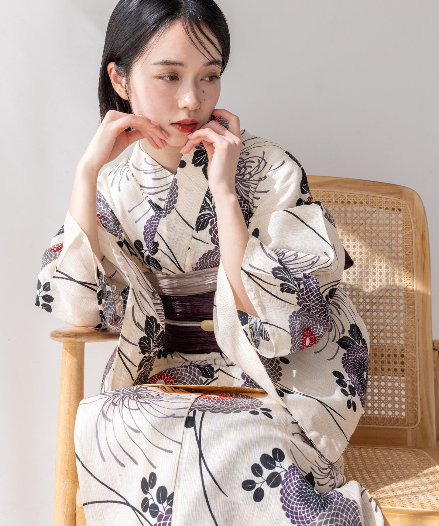 こだわり 浴衣 5点セット (浴衣/帯/下駄/腰紐/着付け冊子) ※プリーツ兵児帯は別売り 麻混 綿麻 ブラック パープル 菊