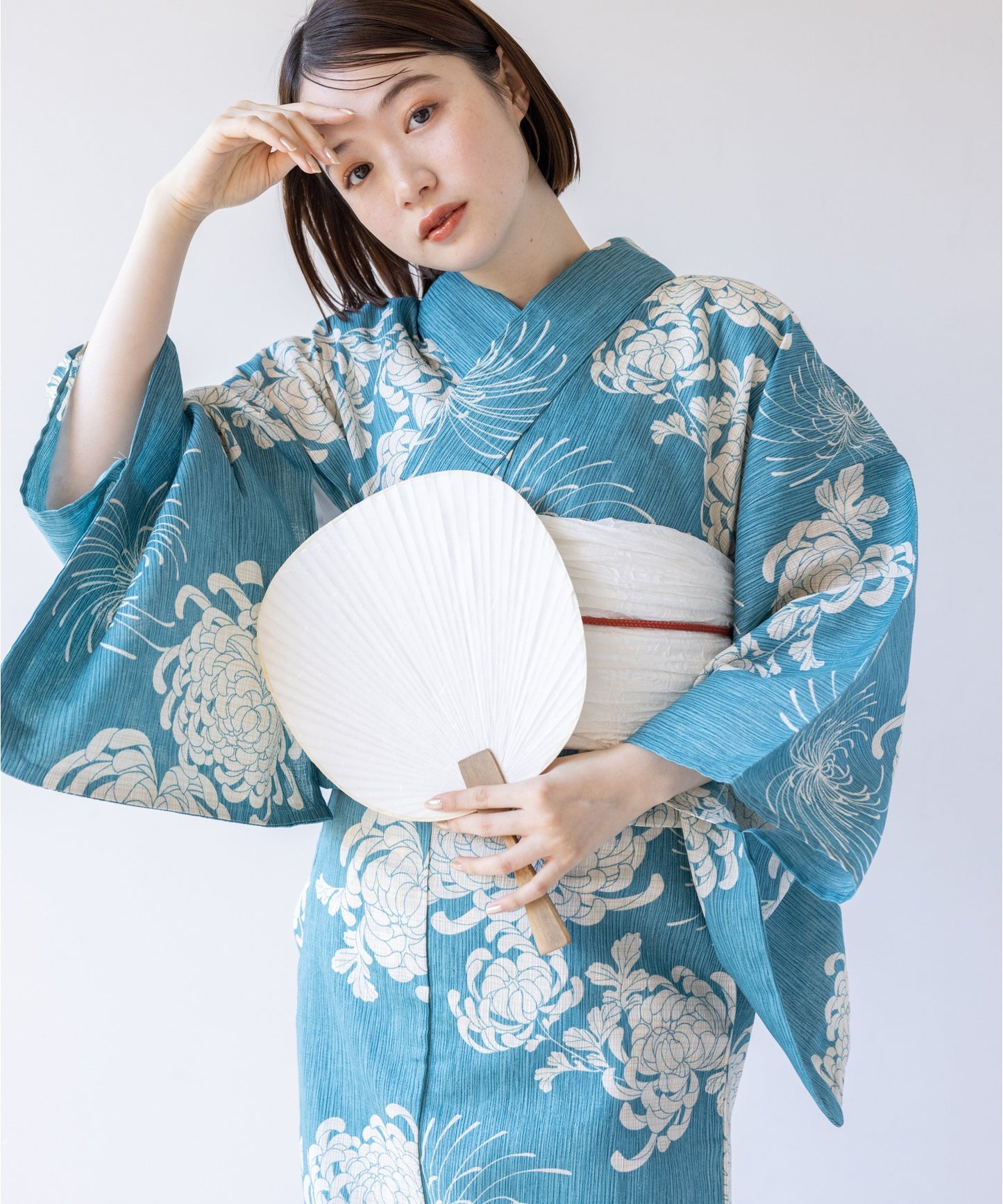 こだわり 浴衣 5点セット (浴衣/帯/下駄/腰紐/着付け冊子) 麻混 綿麻 ブルー ライトブルー 菊
