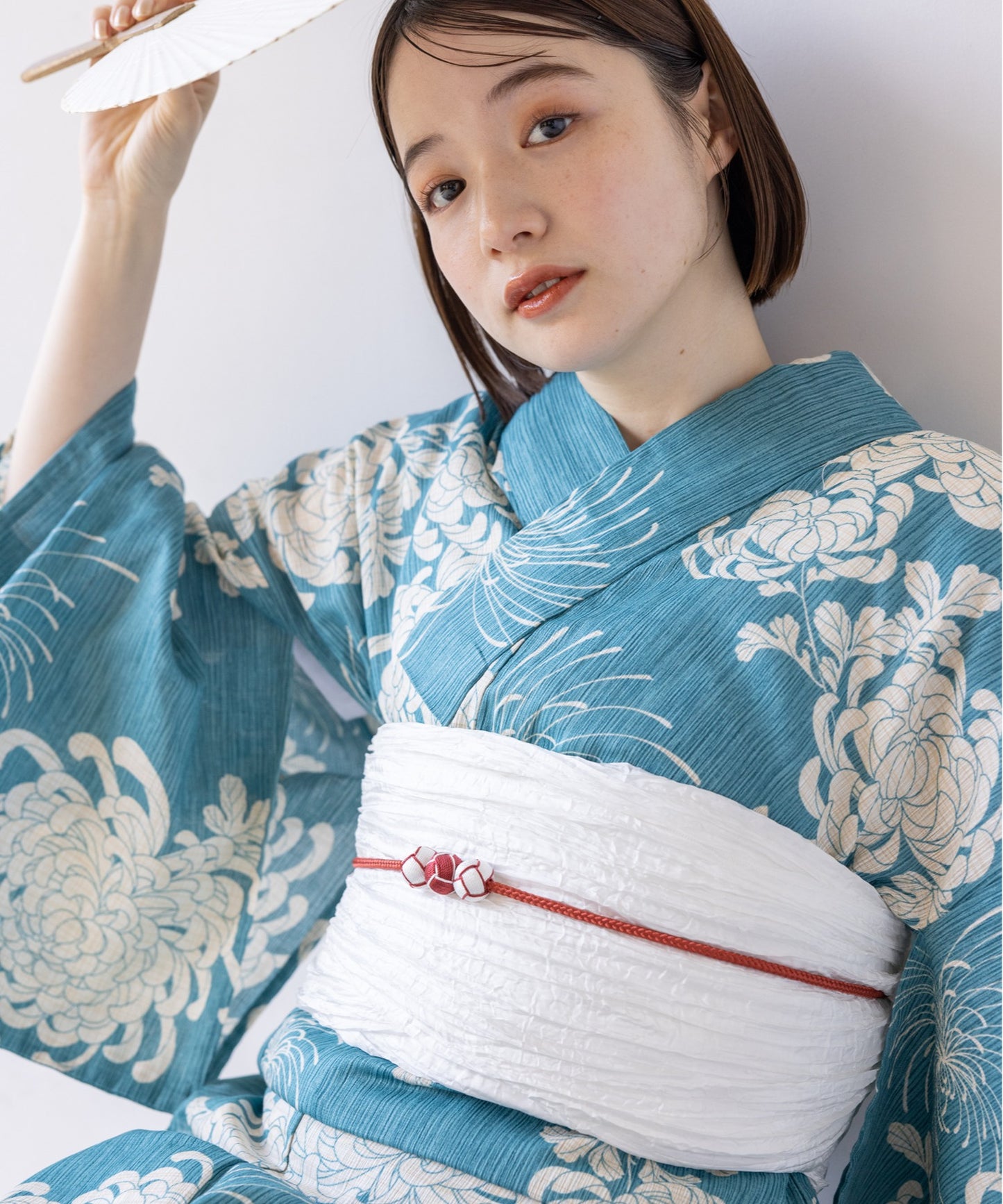 こだわり 浴衣 5点セット (浴衣/帯/下駄/腰紐/着付け冊子) 麻混 綿麻 ブルー ライトブルー 菊