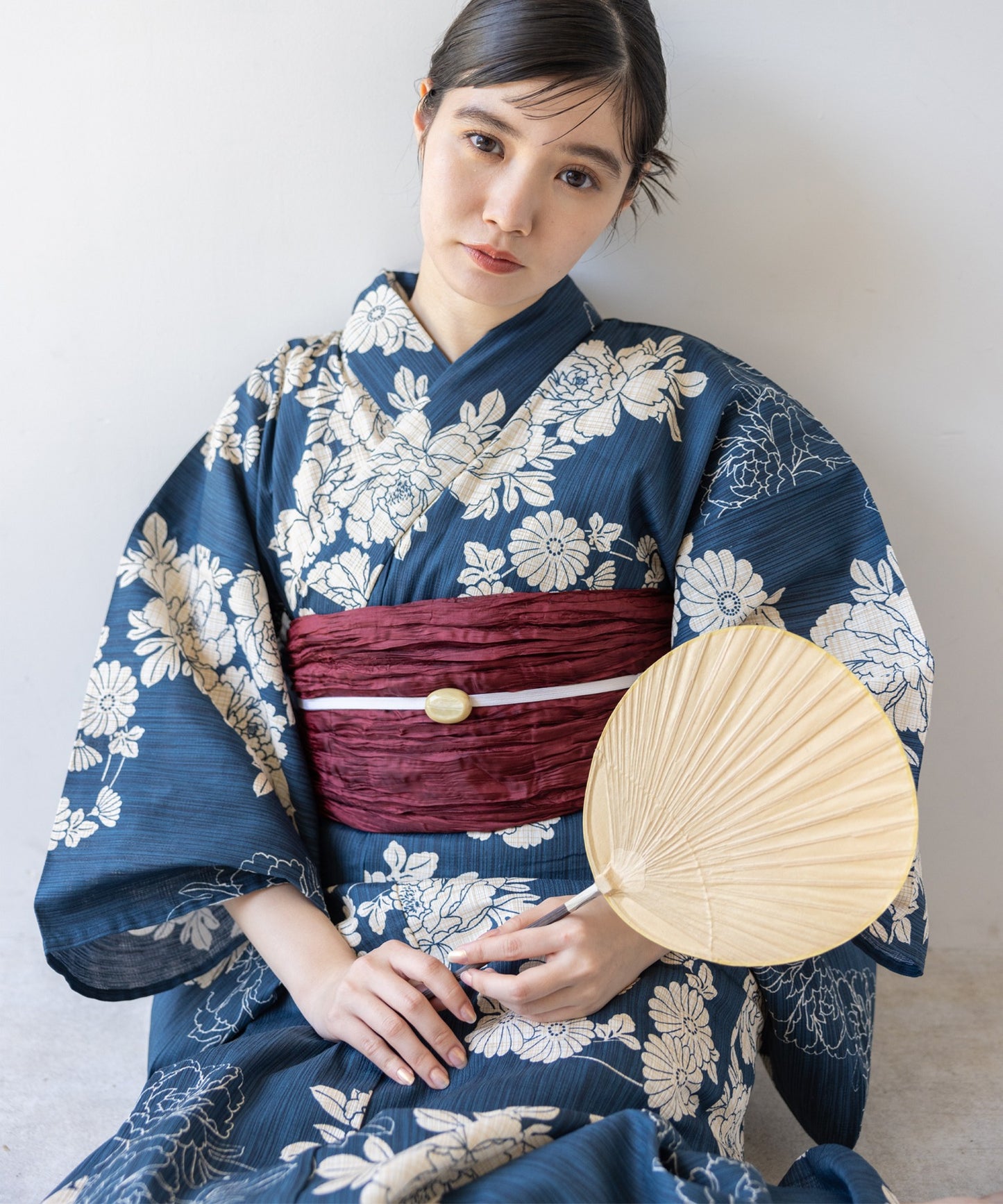 こだわり 浴衣 5点セット (浴衣/帯/下駄/腰紐/着付け冊子) 麻混 綿麻 ネイビー ブルーグリーン 牡丹 ボタン 菊