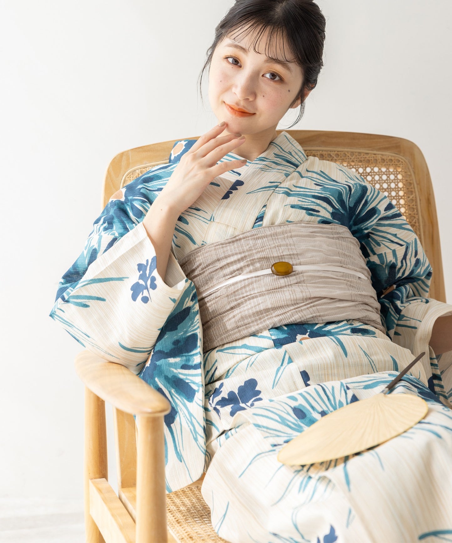 こだわり 浴衣 5点セット (浴衣/帯/下駄/腰紐/着付け冊子) 麻混 綿麻 ブルー 花火 菊