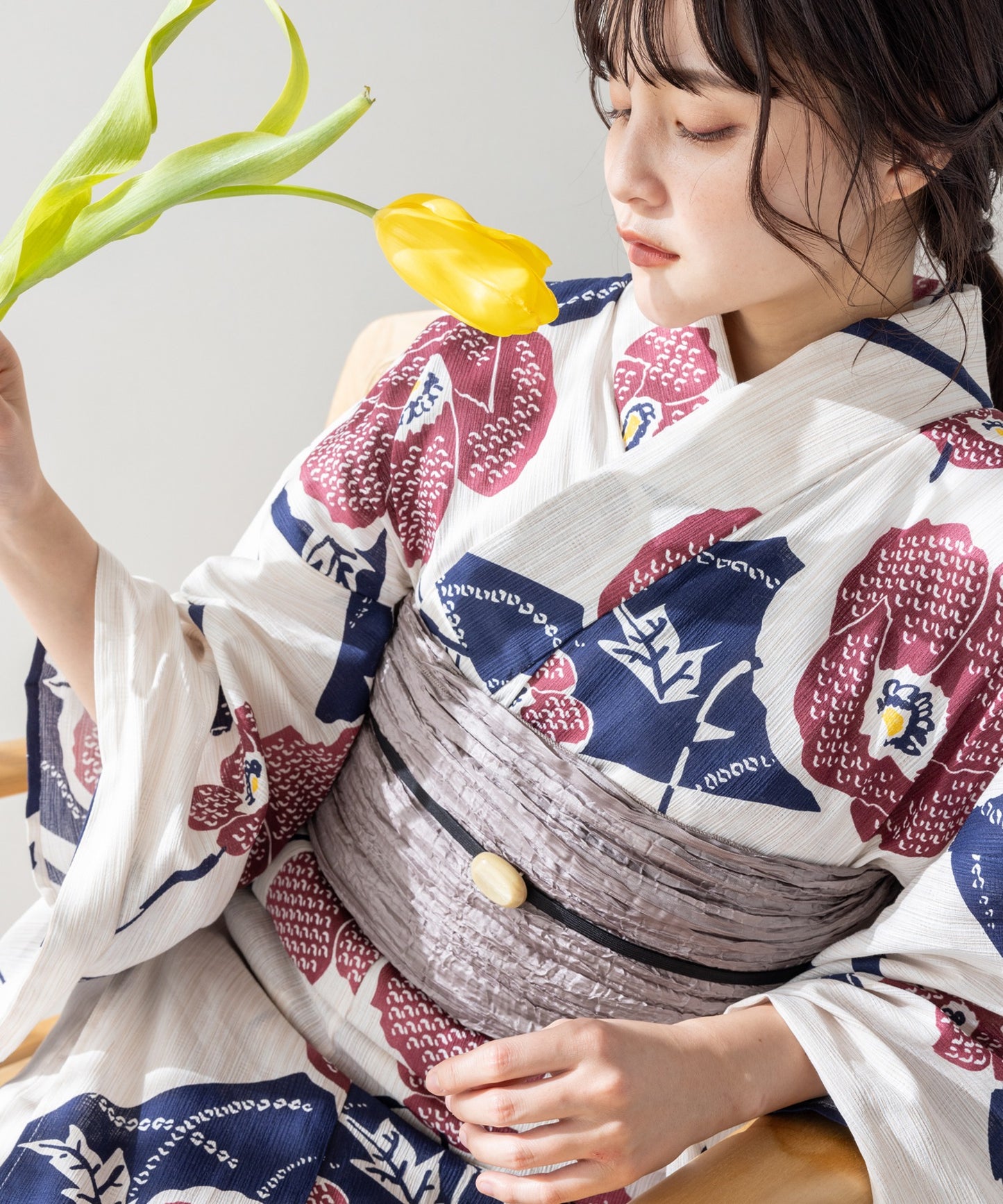 こだわり 浴衣 5点セット (浴衣/帯/下駄/腰紐/着付け冊子) 麻混 綿麻 椿 エンジ ワンレッド