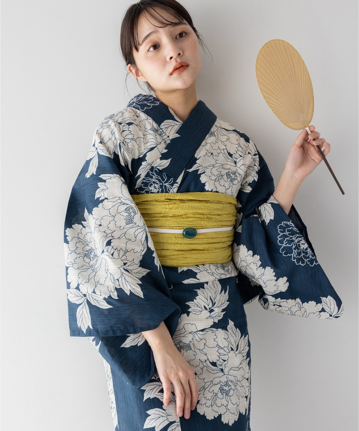 こだわり 浴衣 5点セット (浴衣/帯/下駄/腰紐/着付け冊子) 麻混 綿麻 ネイビー ブルーグリーン 牡丹 ボタン