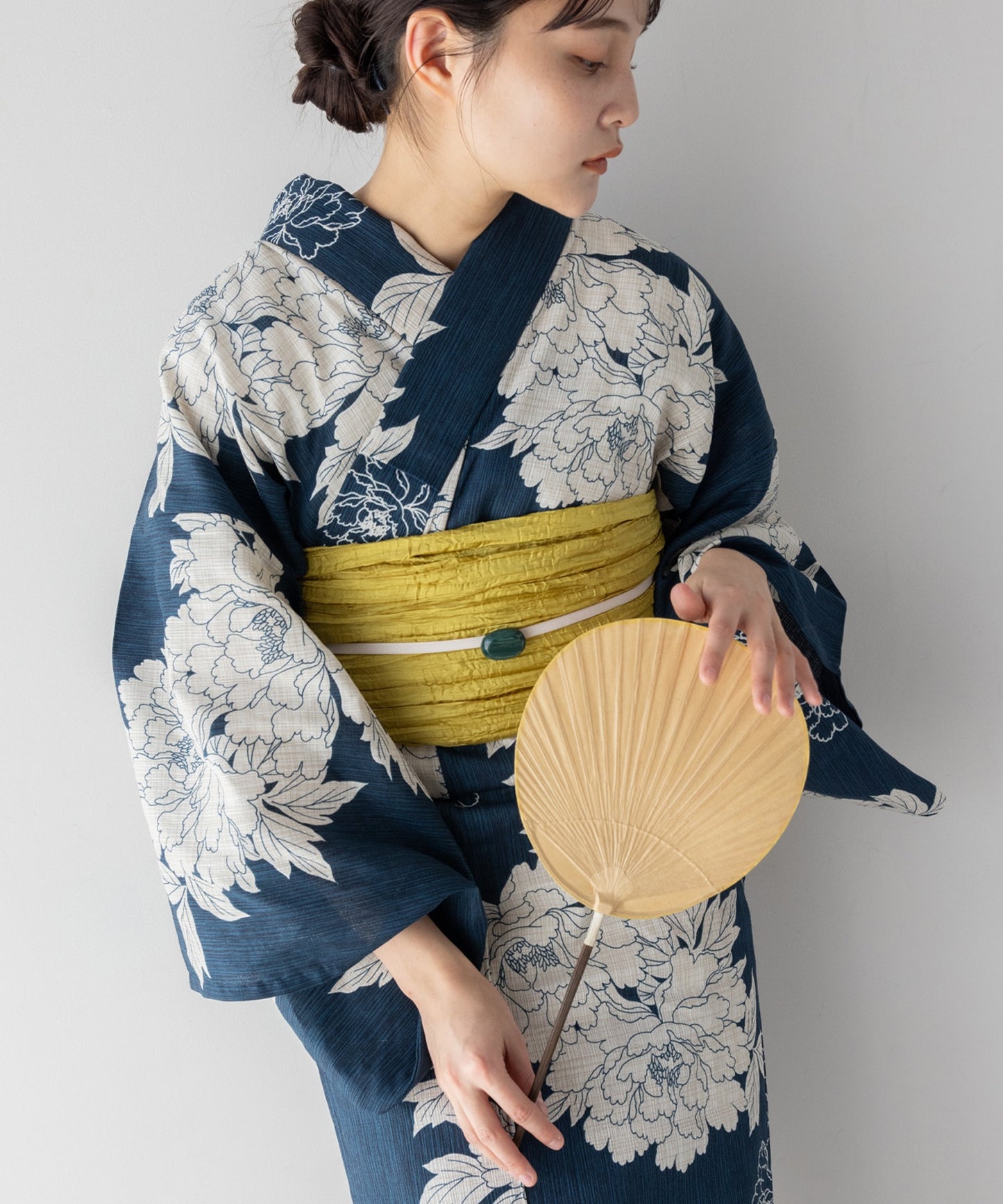 こだわり 浴衣 5点セット (浴衣/帯/下駄/腰紐/着付け冊子) 麻混 綿麻 ネイビー ブルーグリーン 牡丹 ボタン