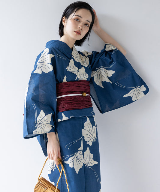 こだわり 浴衣 5点セット (浴衣/帯/下駄/腰紐/着付け冊子) 先染め 綿麻 ブルー 蝶々