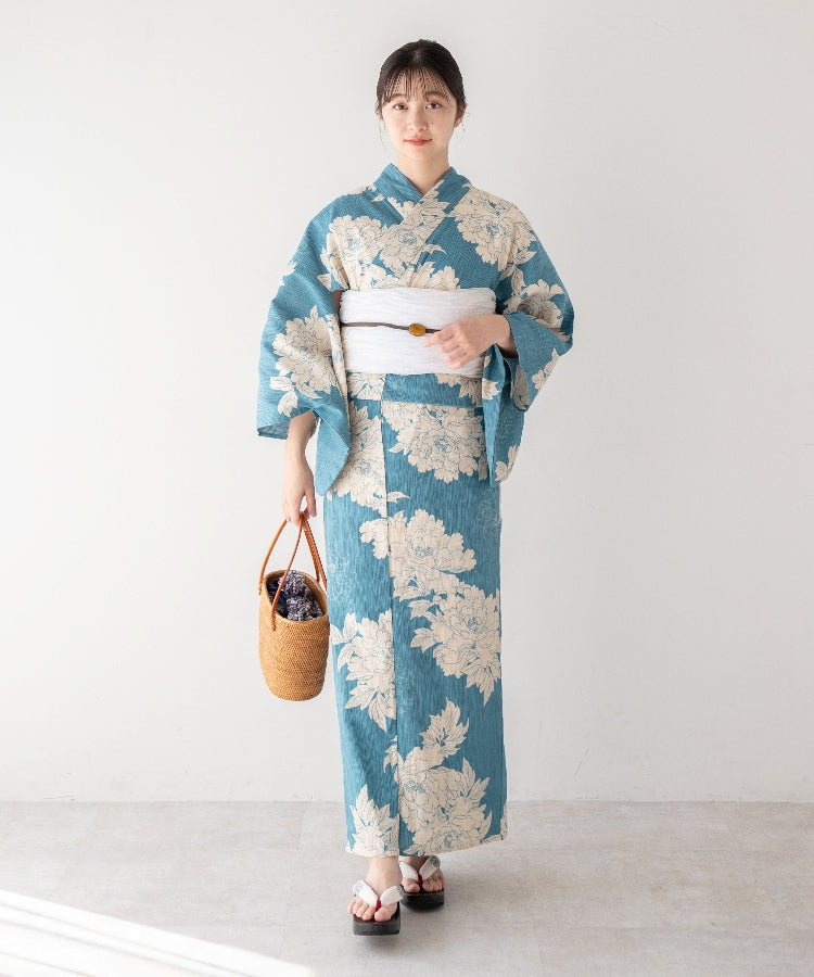 こだわり浴衣5点セット (浴衣/帯/下駄/腰紐/着付け冊子) 麻混 綿麻 楊柳生地 ブルー ライトブルー 牡丹 ボタン