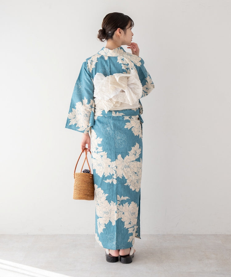 こだわり浴衣5点セット (浴衣/帯/下駄/腰紐/着付け冊子) 麻混 綿麻 楊柳生地 ブルー ライトブルー 牡丹 ボタン