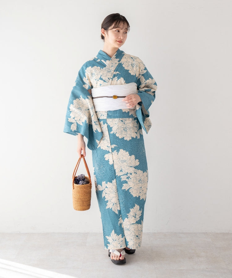 こだわり浴衣5点セット (浴衣/帯/下駄/腰紐/着付け冊子) 麻混 綿麻 楊柳生地 ブルー ライトブルー 牡丹 ボタン