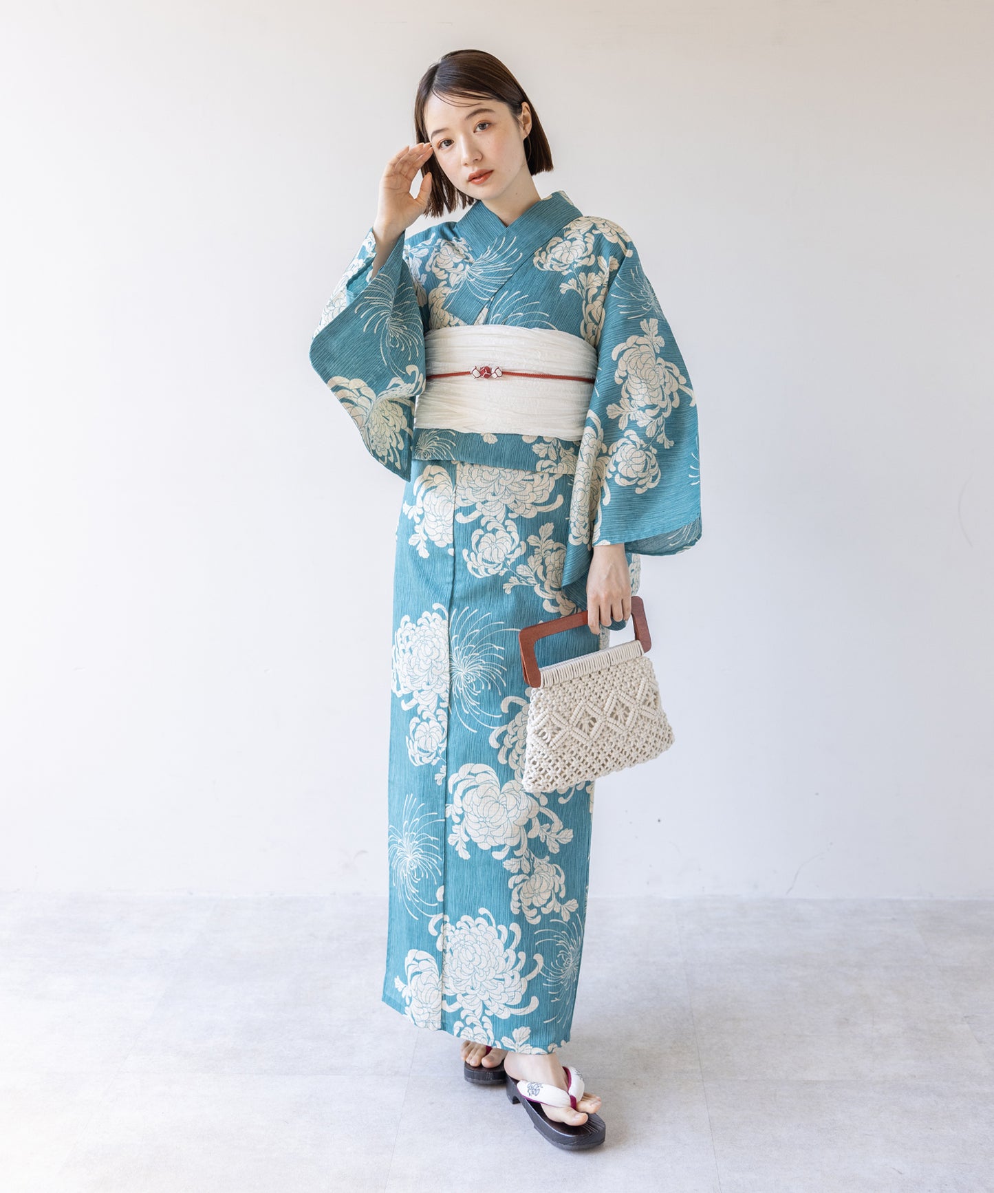 こだわり 浴衣 5点セット (浴衣/帯/下駄/腰紐/着付け冊子) 麻混 綿麻 ブルー ライトブルー 菊
