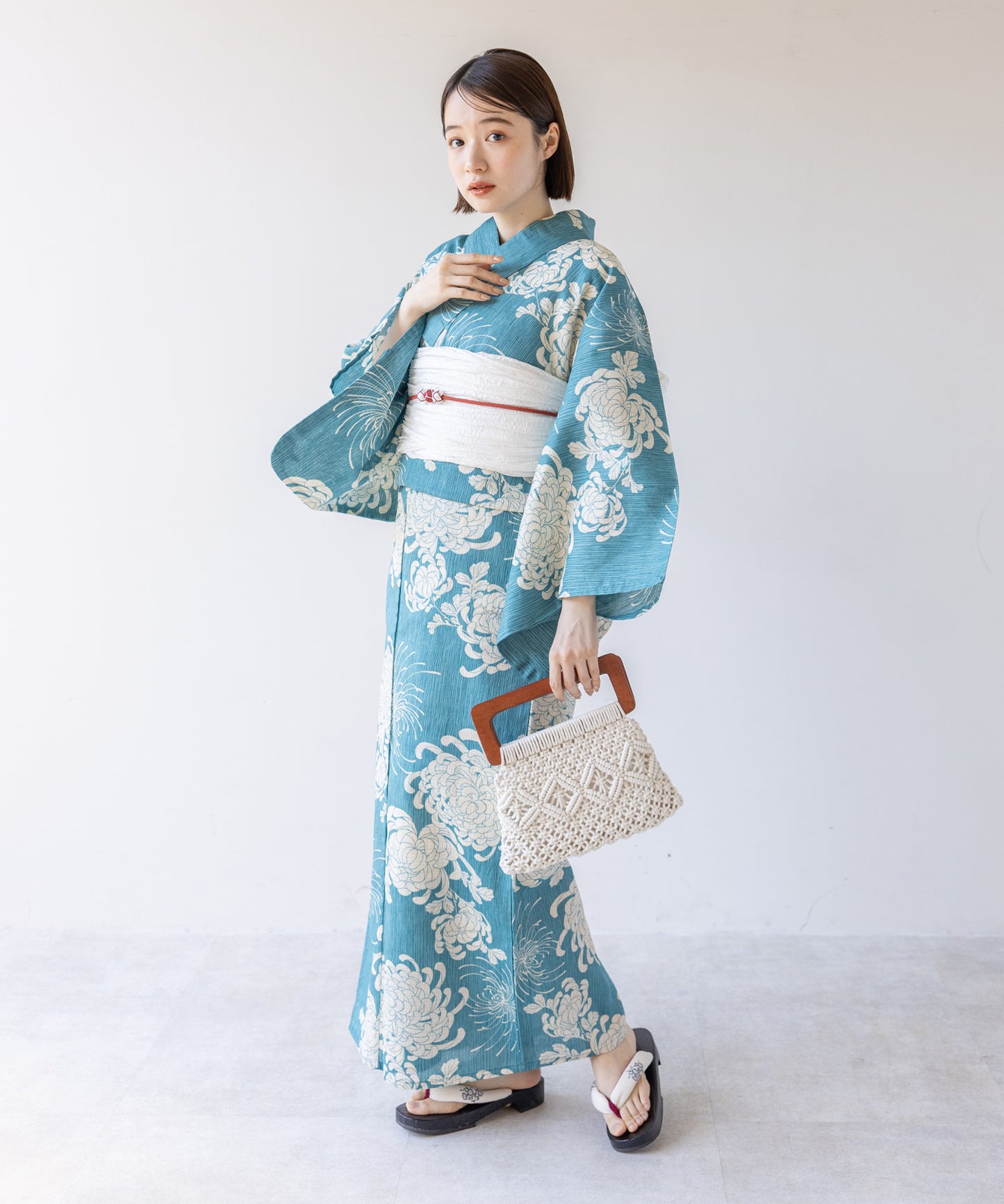 こだわり 浴衣 5点セット (浴衣/帯/下駄/腰紐/着付け冊子) 麻混 綿麻 ブルー ライトブルー 菊