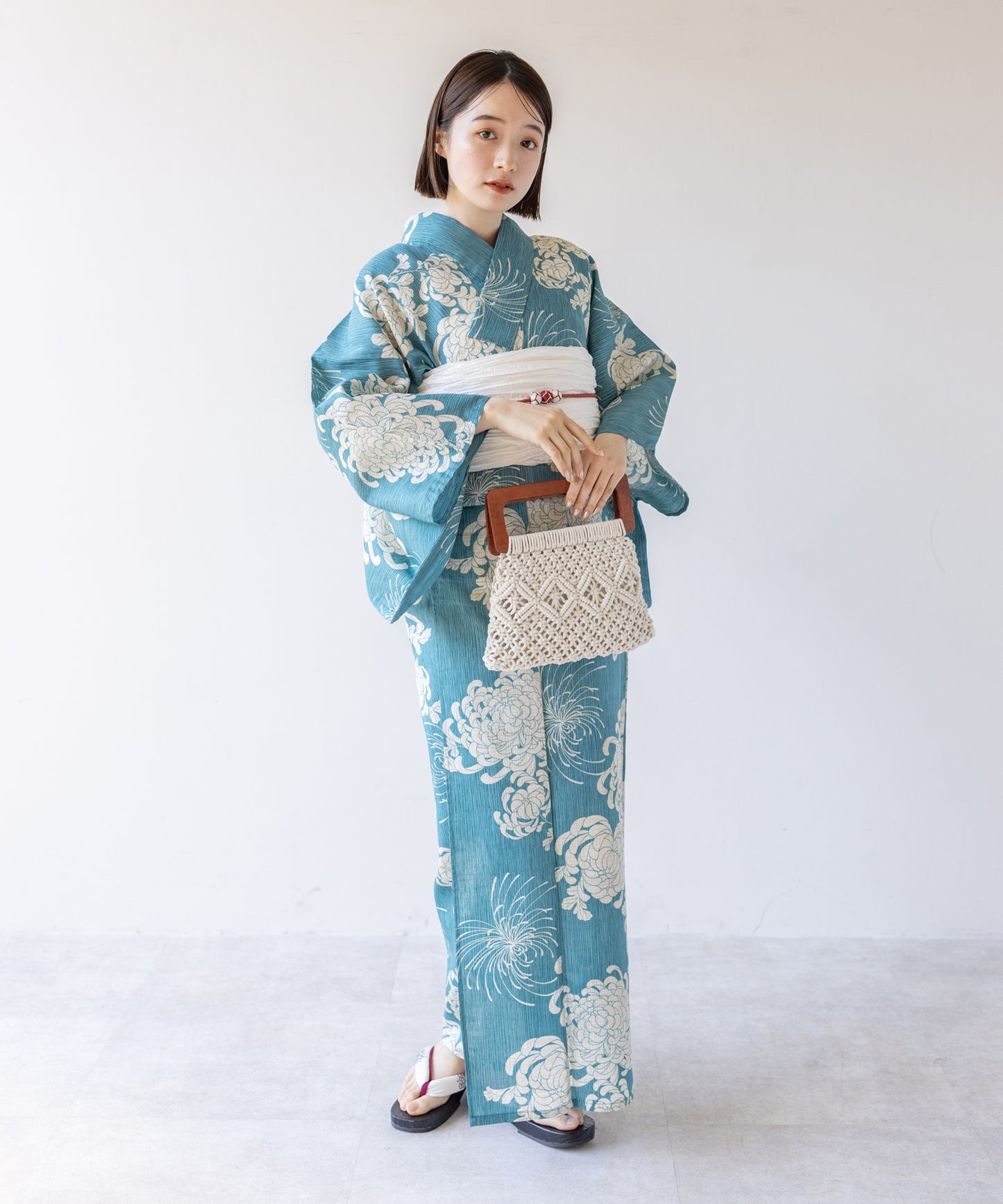 こだわり 浴衣 5点セット (浴衣/帯/下駄/腰紐/着付け冊子) 麻混 綿麻 ブルー ライトブルー 菊