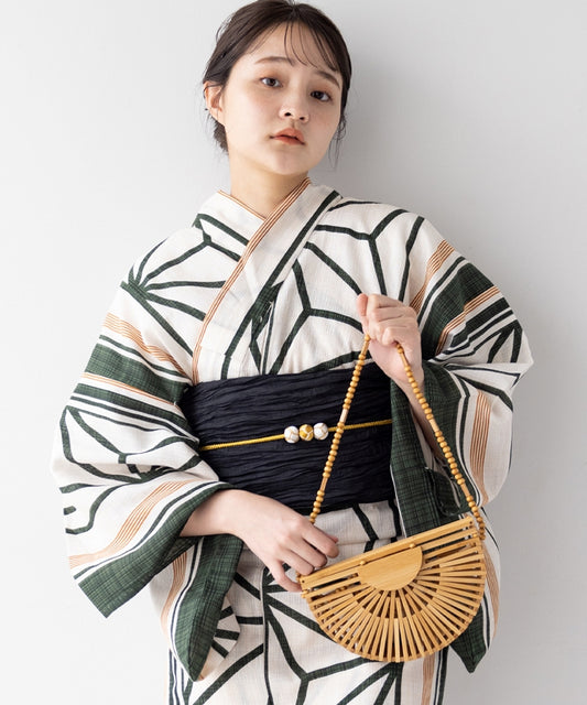 こだわり浴衣 5点セット (浴衣/帯/下駄/腰紐/着付け冊子) 麻混 綿麻 楊柳生地 ホワイト系 ブラック グリーン 麻の葉