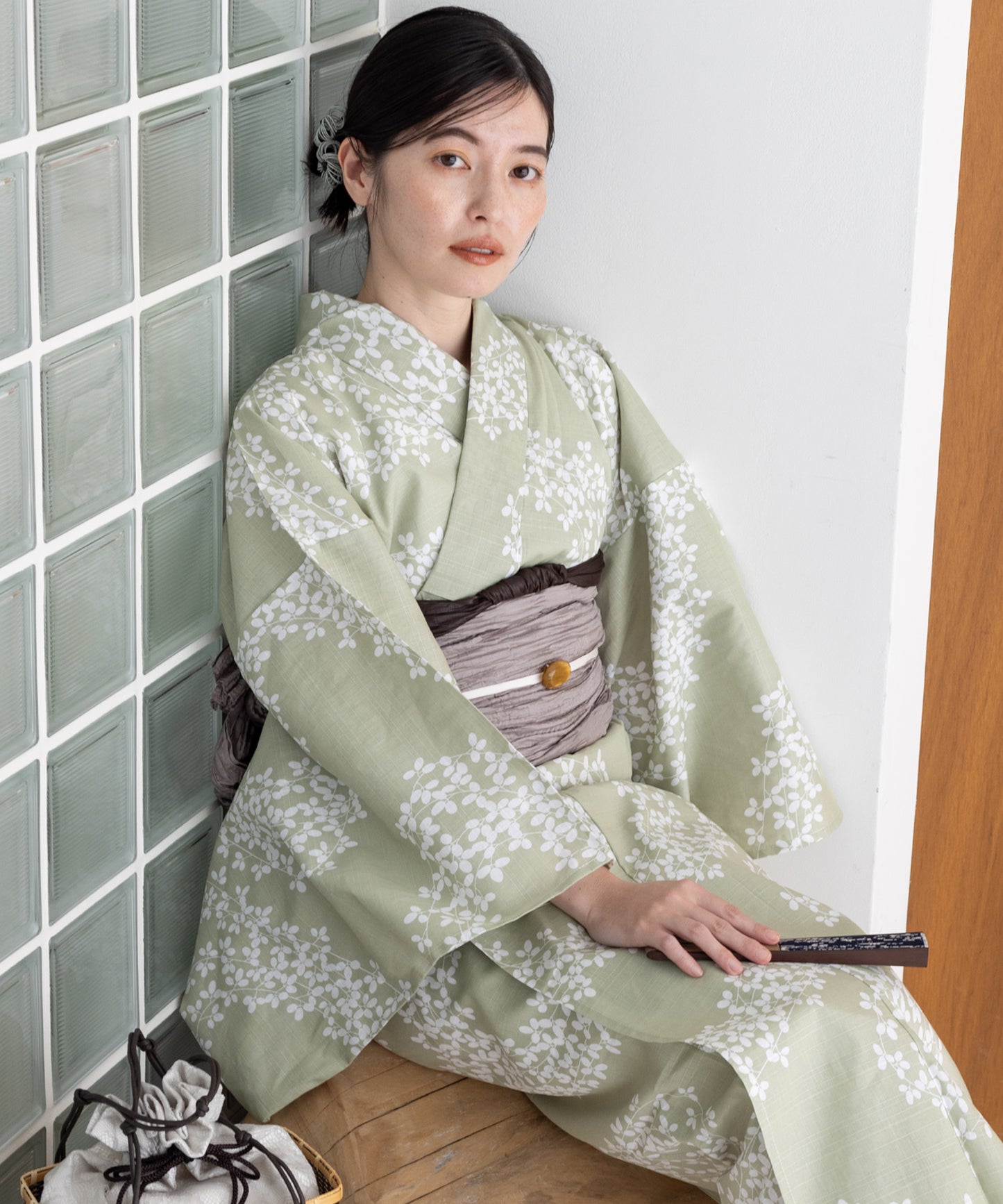 こだわり浴衣 5点セット (浴衣/帯/下駄/腰紐/着付け冊子) ※プリーツ兵児帯は別売り 変わり織生地 ライトグリーン 萩