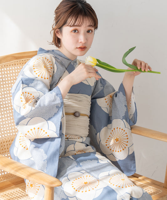 こだわり 浴衣 5点セット (浴衣/帯/下駄/腰紐/着付け冊子) ブルーグレー ブルー ライトブルー 梅の花 疋田