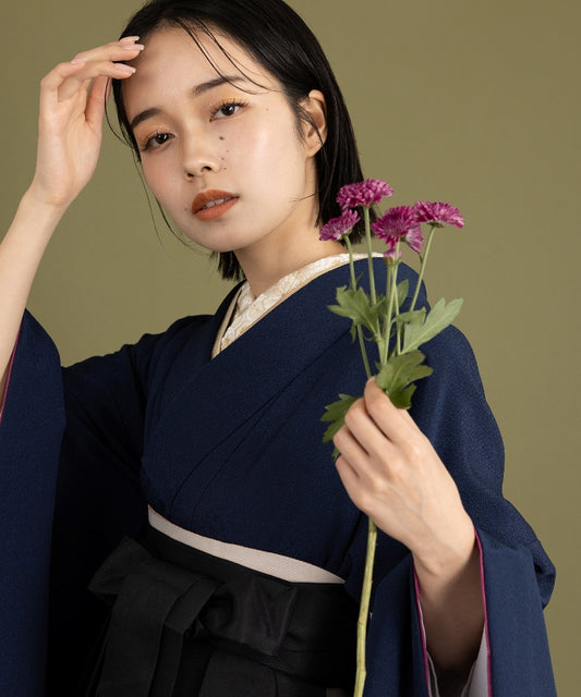 こだわり袴3点セット-ソリッドカラー-ネイビー