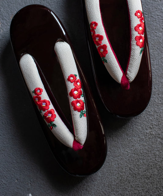 レディース浴衣下駄 塗台刺繍下駄シリーズB ホワイト椿