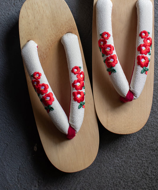 レディース浴衣下駄 白木台刺繍下駄シリーズB ホワイト椿