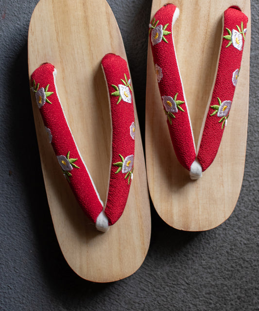 レディース浴衣下駄 白木台刺繍下駄シリーズB レッド椿