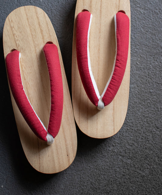 白木下駄 - 麻無地-レッド