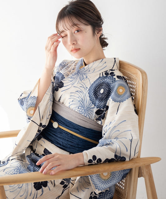 こだわり浴衣5点セット (浴衣/帯/下駄/腰紐/着付け冊子) ※レース兵児帯は別売り 綿麻 ネイビー 菊