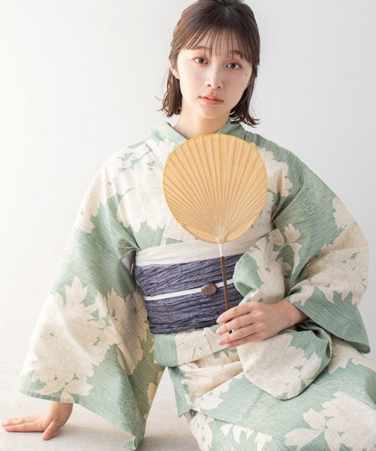 こだわり浴衣5点セット (浴衣/帯/下駄/腰紐/着付け冊子) ※レース兵児帯は別売り 麻混 綿麻 楊柳生地 グリーン ライトグリーン 牡丹 ボタン