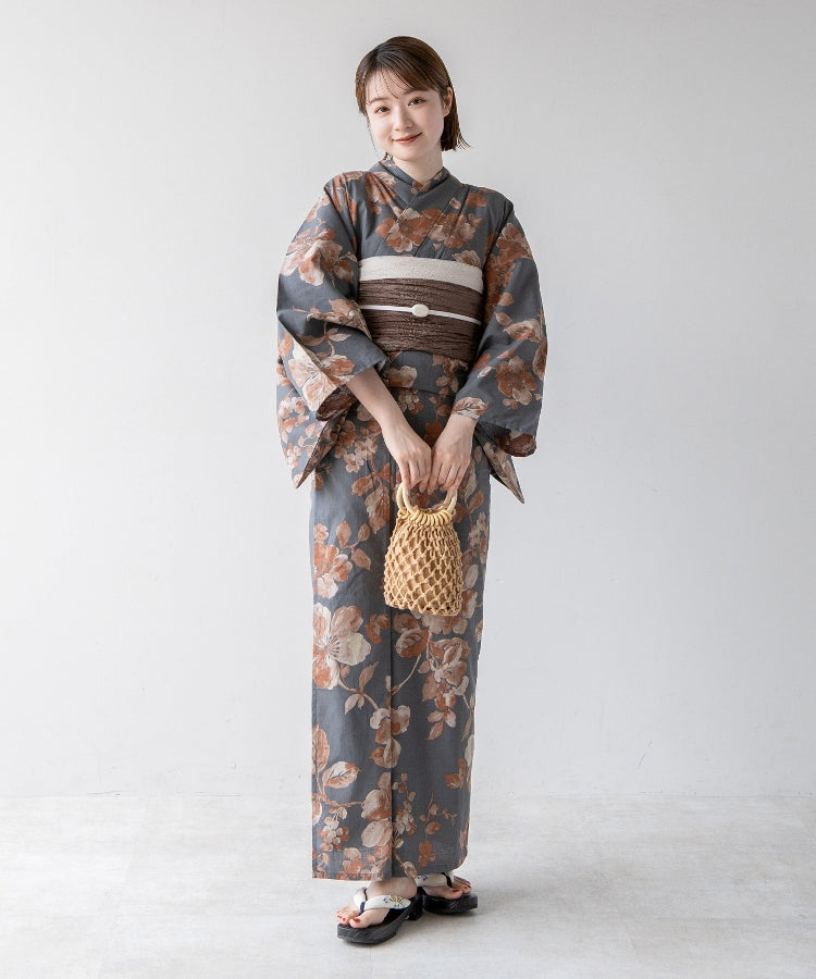 こだわり浴衣5点セット (浴衣/帯/下駄/腰紐/着付け冊子) 変わり織生地 グレー ブラウン