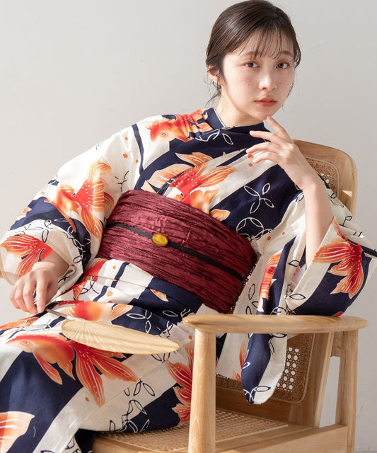 こだわり浴衣5点セット (浴衣/帯/下駄/腰紐/着付け冊子) 変わり織生地 ネイビー 紺 オレンジ 金魚 きんぎょ