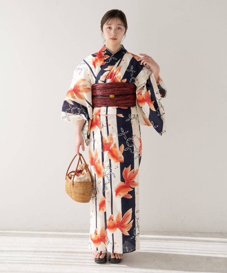 こだわり浴衣5点セット (浴衣/帯/下駄/腰紐/着付け冊子) 変わり織生地 ネイビー 紺 オレンジ 金魚 きんぎょ
