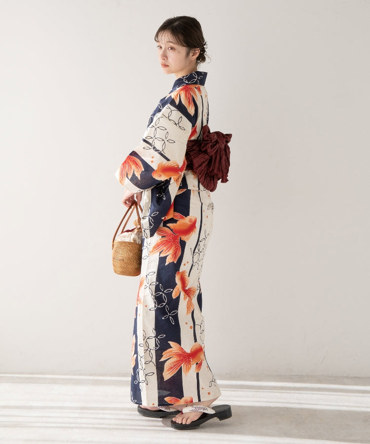 こだわり浴衣5点セット (浴衣/帯/下駄/腰紐/着付け冊子) 変わり織生地 ネイビー 紺 オレンジ 金魚 きんぎょ