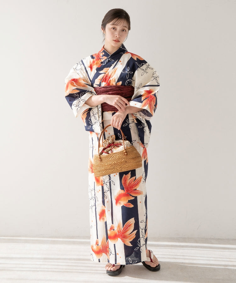 こだわり浴衣5点セット (浴衣/帯/下駄/腰紐/着付け冊子) 変わり織生地 ネイビー 紺 オレンジ 金魚 きんぎょ