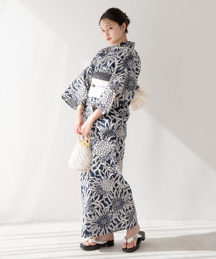 こだわり 浴衣 5点セット (浴衣/帯/下駄/腰紐/着付け冊子) ※プリーツ兵児帯は別売り 菊 ネイビー