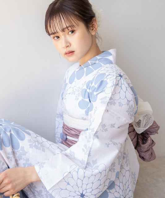 こだわり浴衣5点セット (浴衣/帯/下駄/腰紐/着付け冊子) ※レース兵児帯は別売り 変わり織生地紺 ブルー 菊