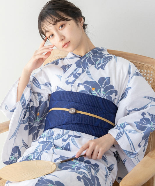 こだわり浴衣 5点セット (浴衣/帯/下駄/腰紐/着付け冊子) 変わり織生地 ブルー ホワイト系 百合 ゆり