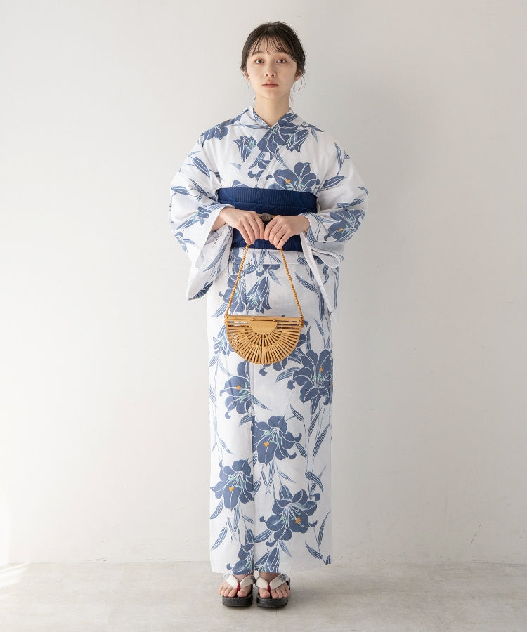 こだわり浴衣 5点セット (浴衣/帯/下駄/腰紐/着付け冊子) 変わり織生地 ブルー ホワイト系 百合 ゆり