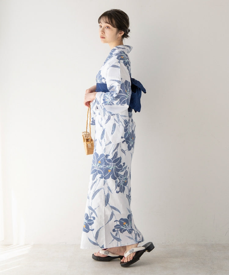 こだわり浴衣 5点セット (浴衣/帯/下駄/腰紐/着付け冊子) 変わり織生地 ブルー ホワイト系 百合 ゆり