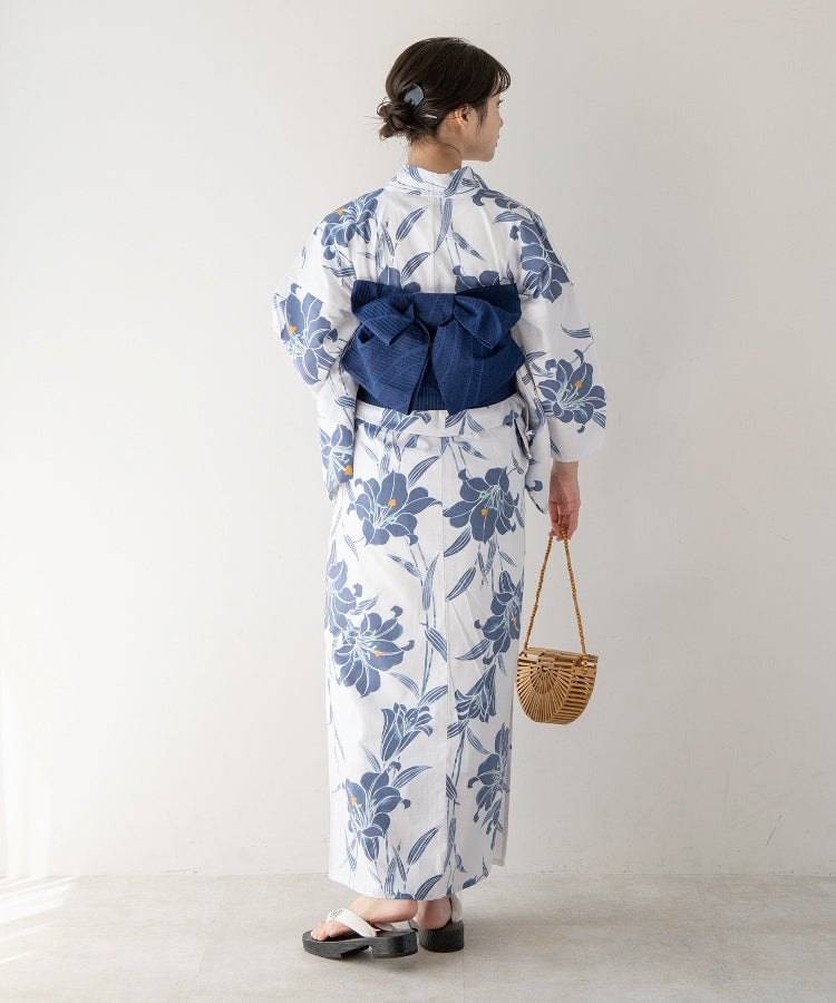 こだわり浴衣 5点セット (浴衣/帯/下駄/腰紐/着付け冊子) 変わり織生地 ブルー ホワイト系 百合 ゆり