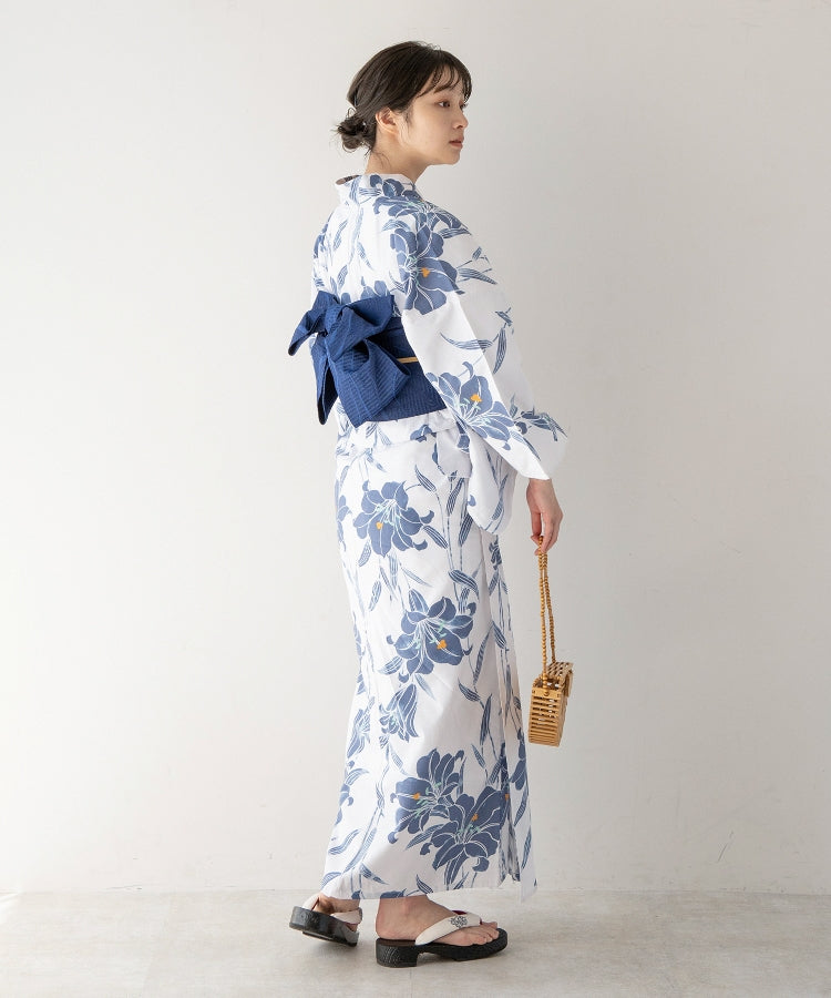 こだわり浴衣 5点セット (浴衣/帯/下駄/腰紐/着付け冊子) 変わり織生地 ブルー ホワイト系 百合 ゆり