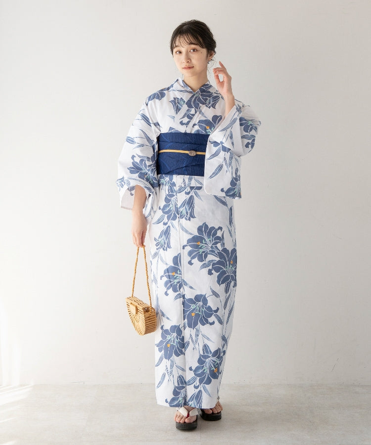 こだわり浴衣 5点セット (浴衣/帯/下駄/腰紐/着付け冊子) 変わり織生地 ブルー ホワイト系 百合 ゆり
