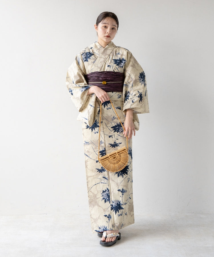 こだわり浴衣5点セット(浴衣/帯/下駄/腰紐/着付け冊子) 変わり織生地 ベージュ ローケツ