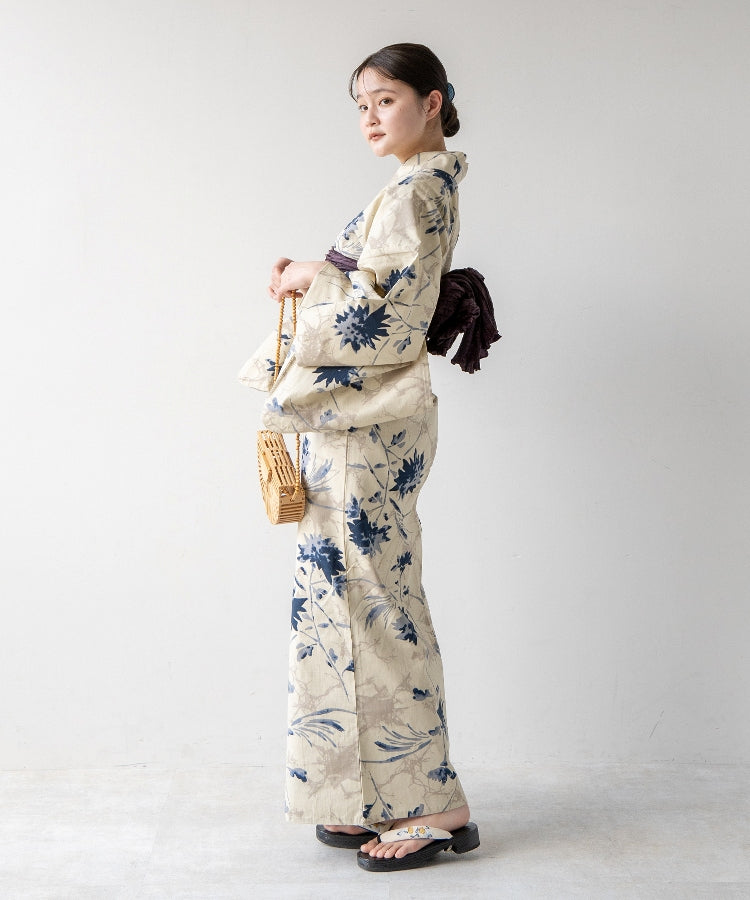 こだわり浴衣5点セット(浴衣/帯/下駄/腰紐/着付け冊子) 変わり織生地 ベージュ ローケツ