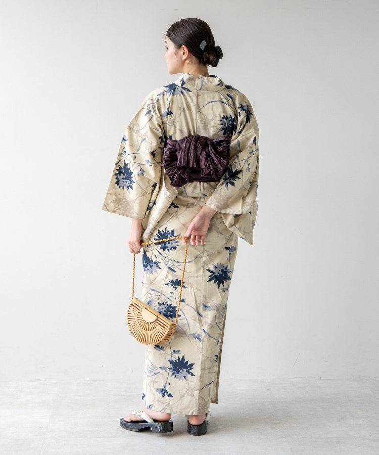 こだわり浴衣5点セット(浴衣/帯/下駄/腰紐/着付け冊子) 変わり織生地 ベージュ ローケツ