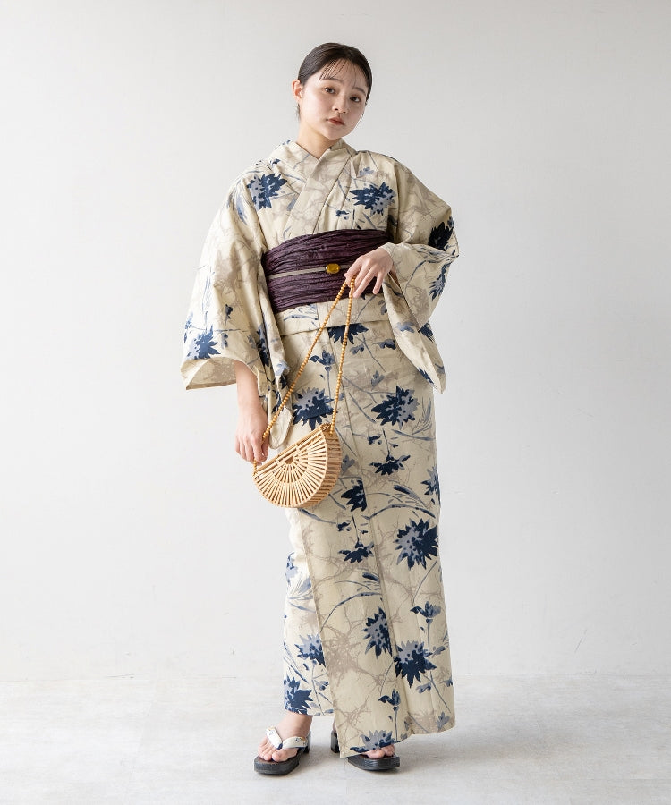 こだわり浴衣5点セット(浴衣/帯/下駄/腰紐/着付け冊子) 変わり織生地 ベージュ ローケツ
