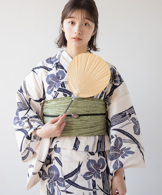 こだわり浴衣 5点セット (浴衣/帯/下駄/腰紐/着付け冊子) 麻混 綿麻 楊柳生地 ネイビー ブルー 菖蒲