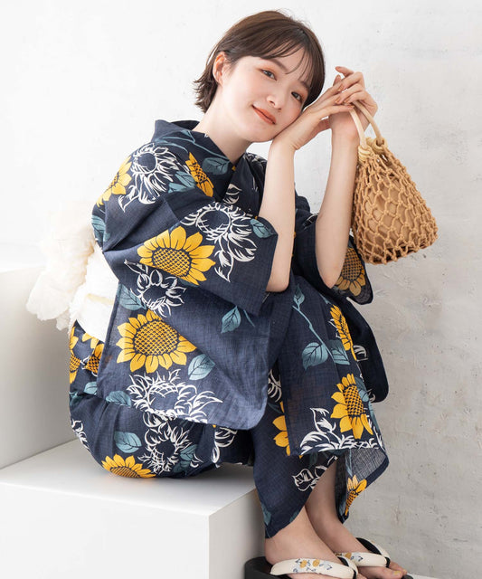 こだわり浴衣 5点セット (浴衣/帯/下駄/腰紐/着付け冊子) ※レース兵児帯は別売り 麻混 綿麻 楊柳生地 ネイビー 向日葵
