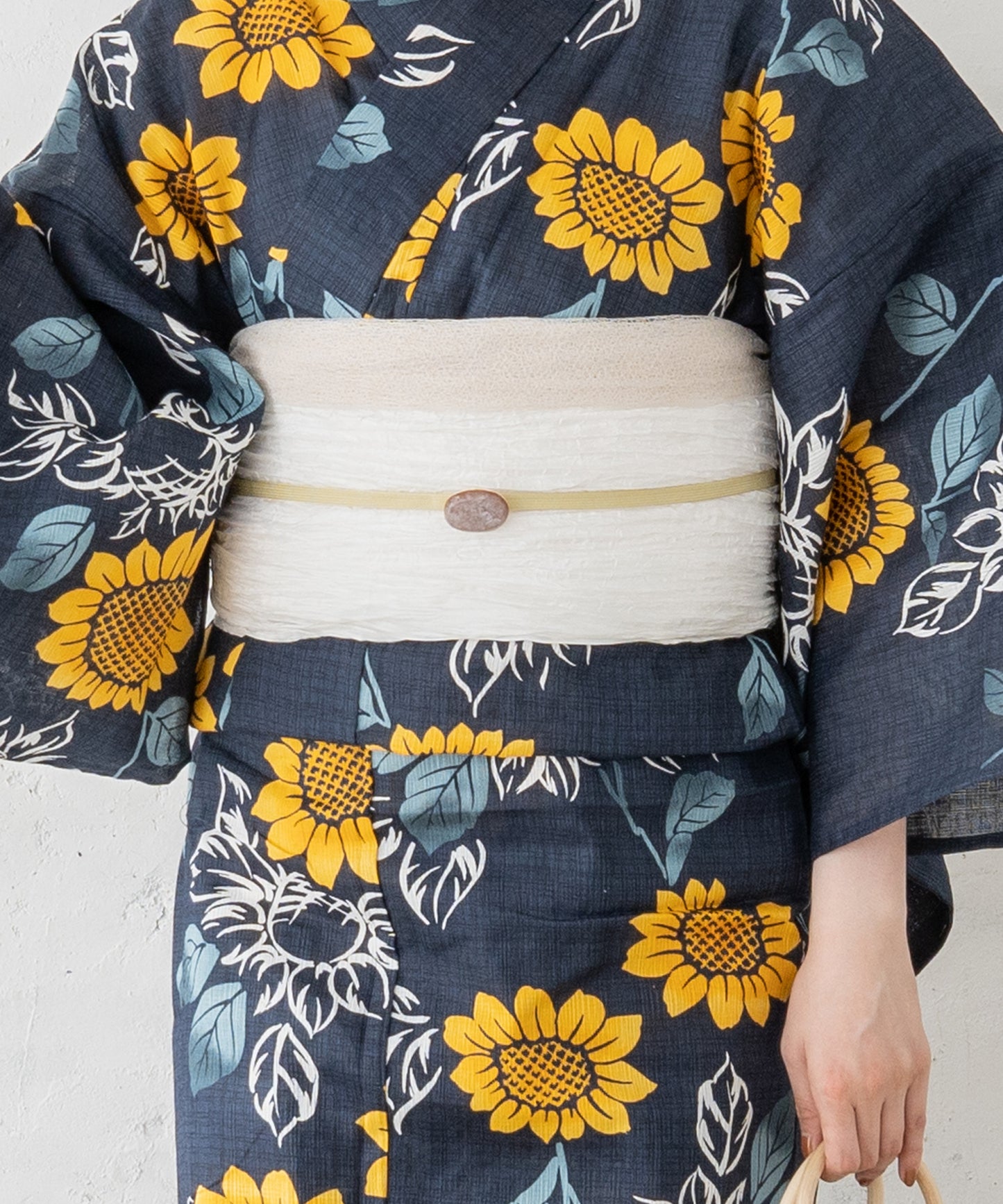 こだわり浴衣 5点セット (浴衣/帯/下駄/腰紐/着付け冊子) ※レース兵児帯は別売り 麻混 綿麻 楊柳生地 ネイビー 向日葵