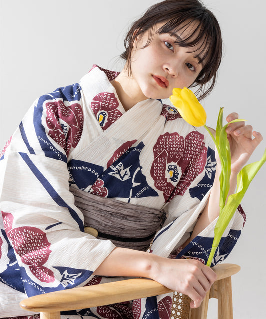 こだわり 浴衣 5点セット (浴衣/帯/下駄/腰紐/着付け冊子) 麻混 綿麻 椿 エンジ ワンレッド