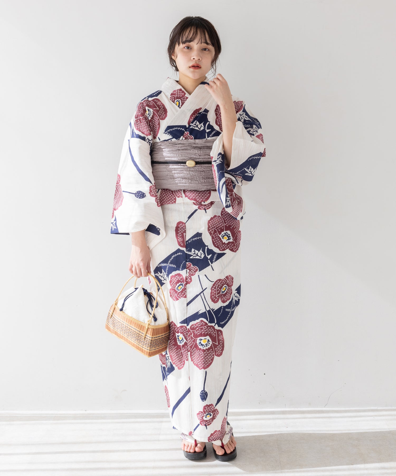 こだわり 浴衣 5点セット (浴衣/帯/下駄/腰紐/着付け冊子) 麻混 綿麻 椿 エンジ ワンレッド