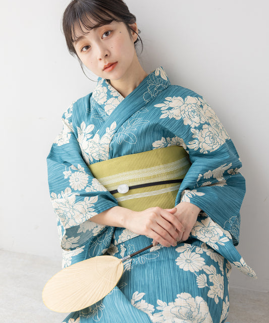 こだわり 浴衣 5点セット (浴衣/帯/下駄/腰紐/着付け冊子) 麻混 綿麻 ブルーグリーン ブルー 菊 キク 牡丹 ボタン